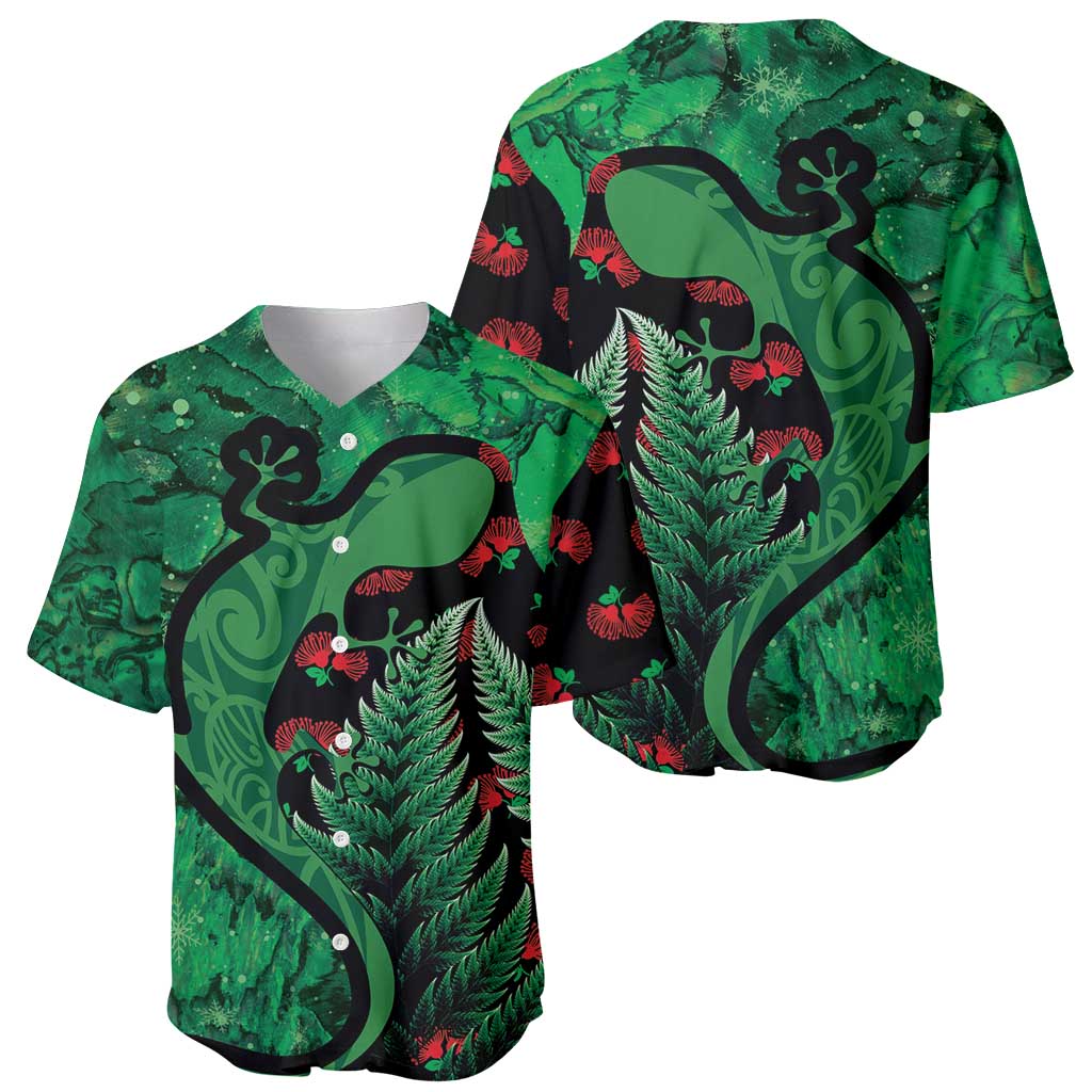 New Zealand Gecko Christmas Baseball Jersey Meri Kirihimete Paua Shell Mix Pohutukawa LT14 - Polynesian Pride
