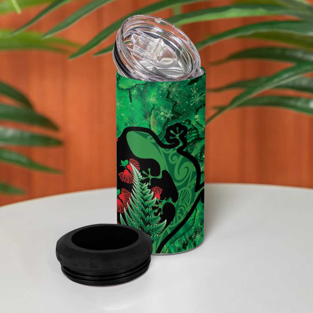 New Zealand Gecko Christmas 4 in 1 Can Cooler Tumbler Meri Kirihimete Paua Shell Mix Pohutukawa