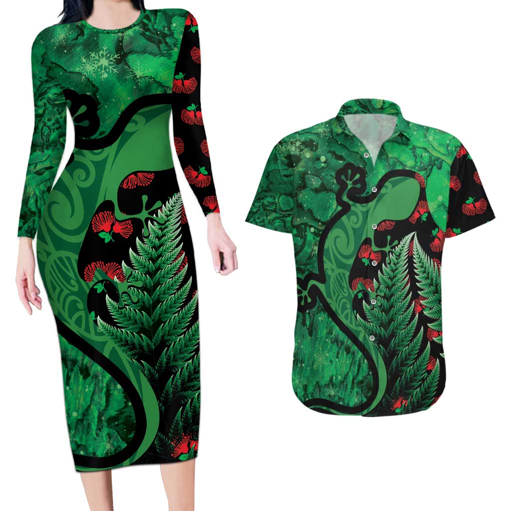 New Zealand Gecko Christmas Couples Matching Long Sleeve Bodycon Dress and Hawaiian Shirt Meri Kirihimete Paua Shell Mix Pohutukawa LT14 Green - Polynesian Pride