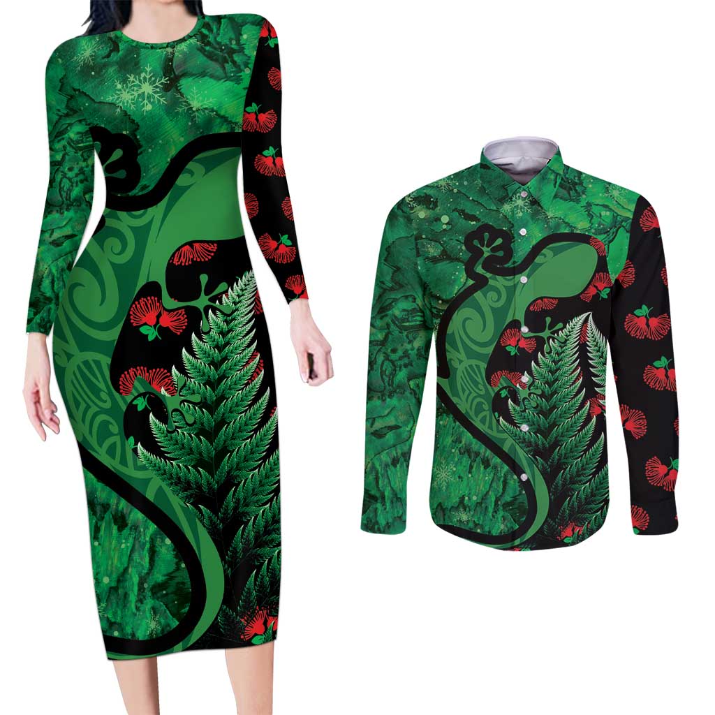 New Zealand Gecko Christmas Couples Matching Long Sleeve Bodycon Dress and Long Sleeve Button Shirt Meri Kirihimete Paua Shell Mix Pohutukawa