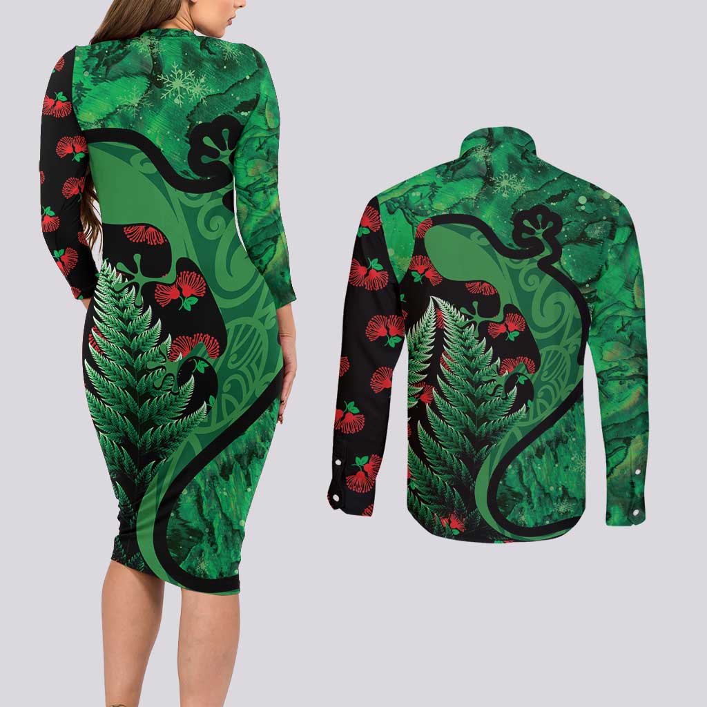New Zealand Gecko Christmas Couples Matching Long Sleeve Bodycon Dress and Long Sleeve Button Shirt Meri Kirihimete Paua Shell Mix Pohutukawa