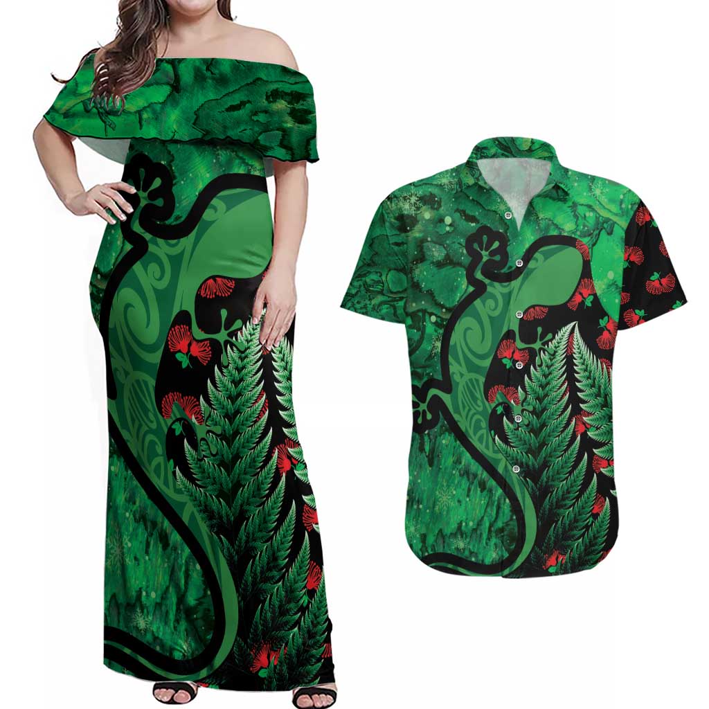 New Zealand Gecko Christmas Couples Matching Off Shoulder Maxi Dress and Hawaiian Shirt Meri Kirihimete Paua Shell Mix Pohutukawa LT14 Green - Polynesian Pride