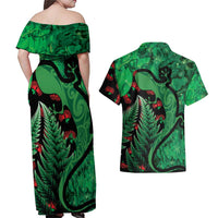 New Zealand Gecko Christmas Couples Matching Off Shoulder Maxi Dress and Hawaiian Shirt Meri Kirihimete Paua Shell Mix Pohutukawa LT14 - Polynesian Pride