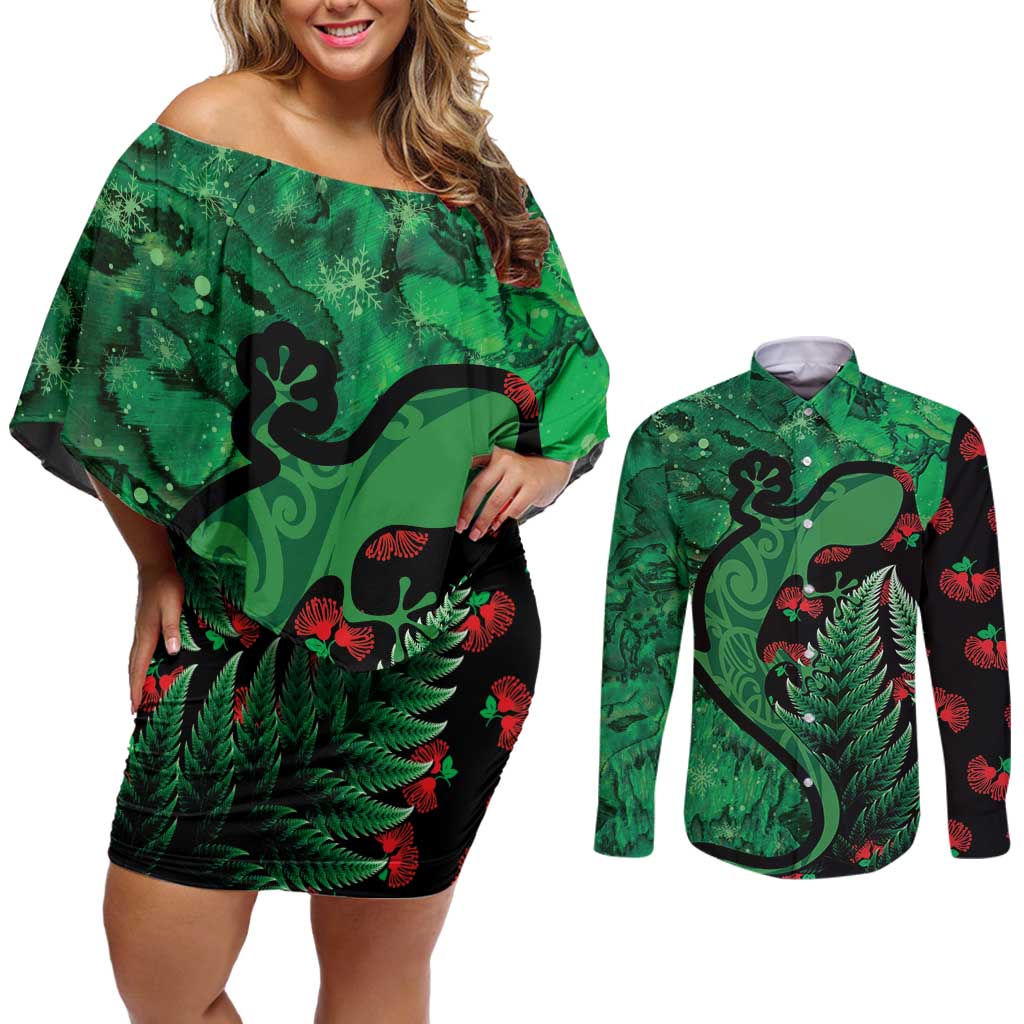 New Zealand Gecko Christmas Couples Matching Off Shoulder Short Dress and Long Sleeve Button Shirt Meri Kirihimete Paua Shell Mix Pohutukawa