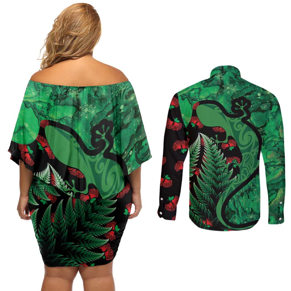 New Zealand Gecko Christmas Couples Matching Off Shoulder Short Dress and Long Sleeve Button Shirt Meri Kirihimete Paua Shell Mix Pohutukawa