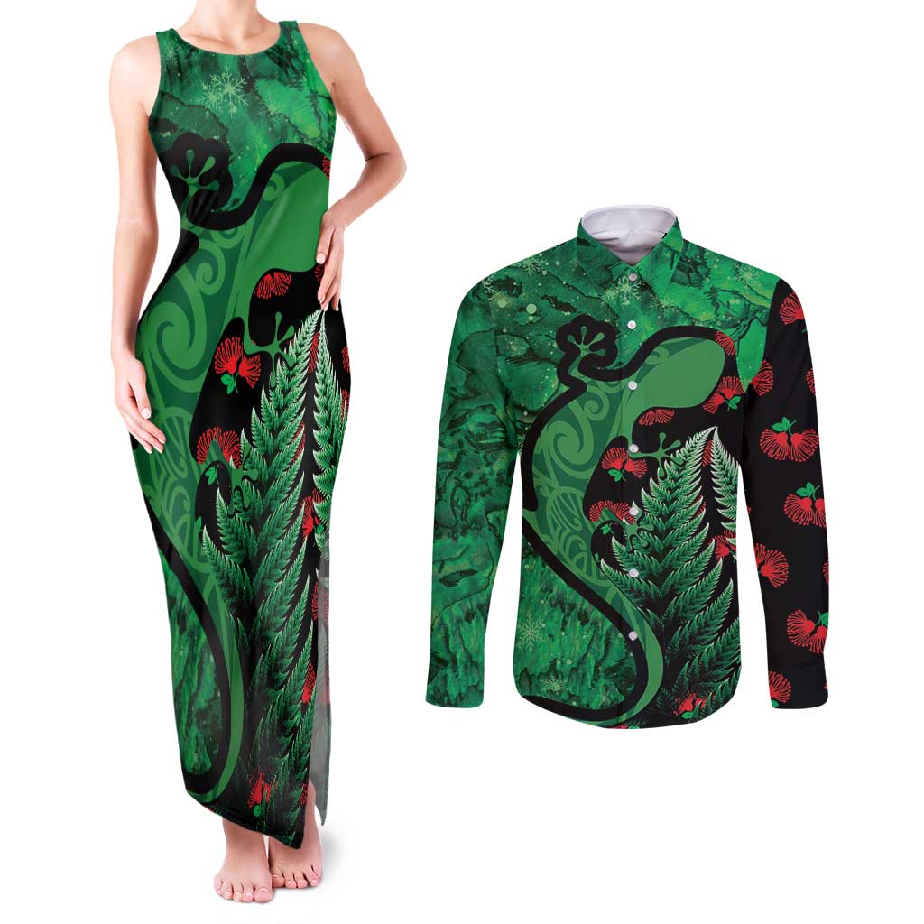 New Zealand Gecko Christmas Couples Matching Tank Maxi Dress and Long Sleeve Button Shirt Meri Kirihimete Paua Shell Mix Pohutukawa