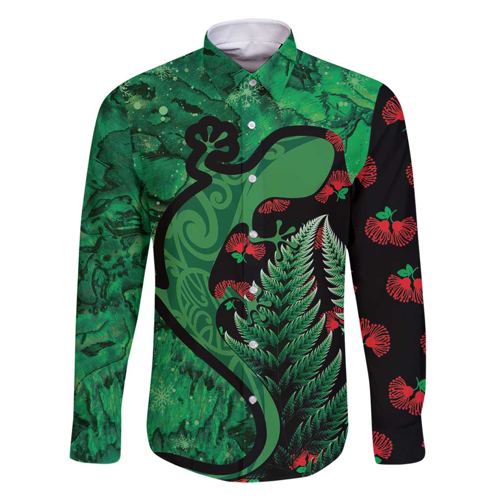 New Zealand Gecko Christmas Family Matching Off Shoulder Maxi Dress and Hawaiian Shirt Meri Kirihimete Paua Shell Mix Pohutukawa LT14 Dad's Shirt - Long Sleeve Green - Polynesian Pride