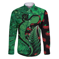 New Zealand Gecko Christmas Family Matching Off Shoulder Maxi Dress and Hawaiian Shirt Meri Kirihimete Paua Shell Mix Pohutukawa LT14 Dad's Shirt - Long Sleeve Green - Polynesian Pride