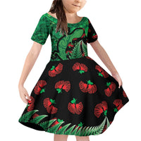 New Zealand Gecko Christmas Family Matching Off Shoulder Short Dress and Hawaiian Shirt Meri Kirihimete Paua Shell Mix Pohutukawa LT14 Daughter's Dress Green - Polynesian Pride