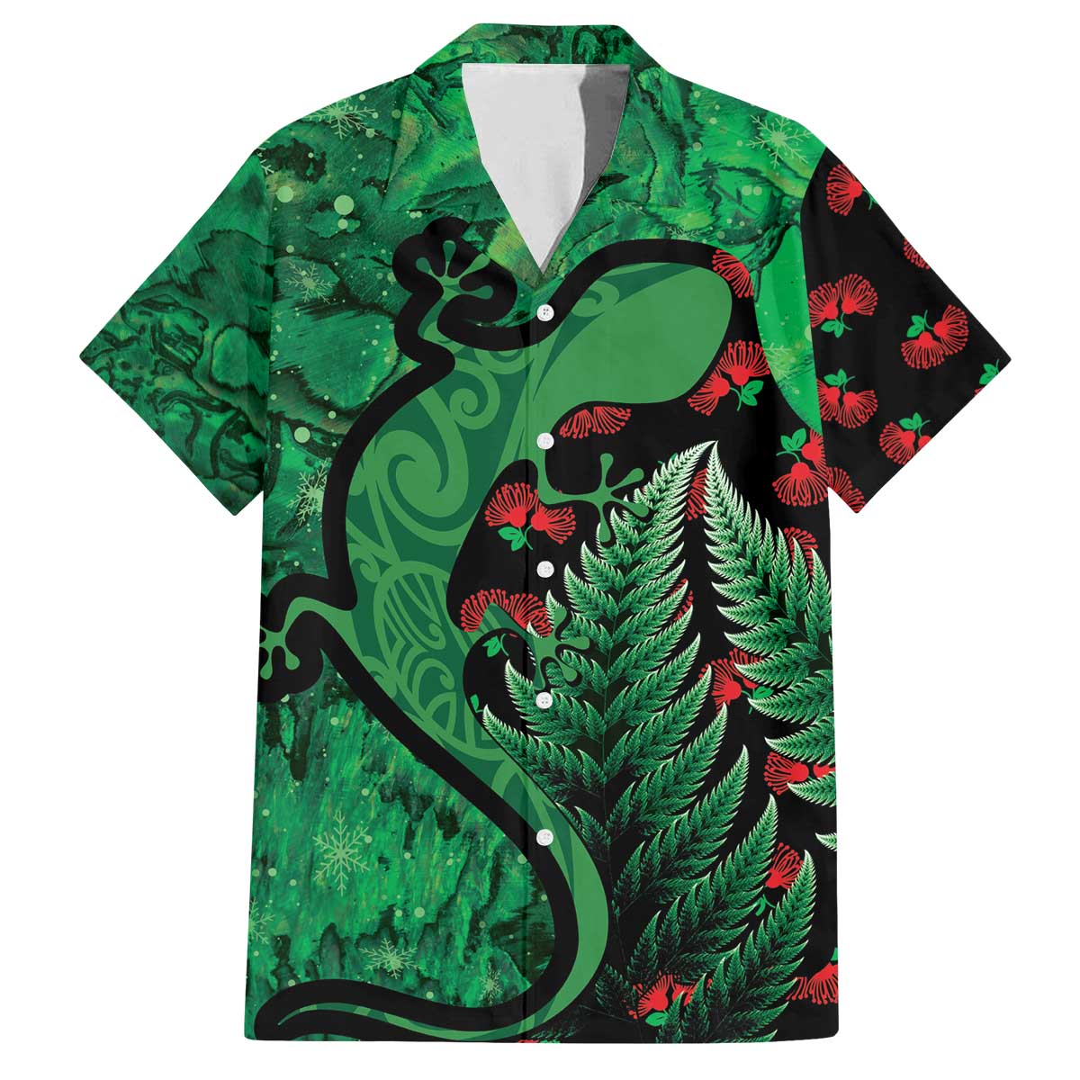 New Zealand Gecko Christmas Family Matching Off Shoulder Short Dress and Hawaiian Shirt Meri Kirihimete Paua Shell Mix Pohutukawa LT14 Dad's Shirt - Short Sleeve Green - Polynesian Pride