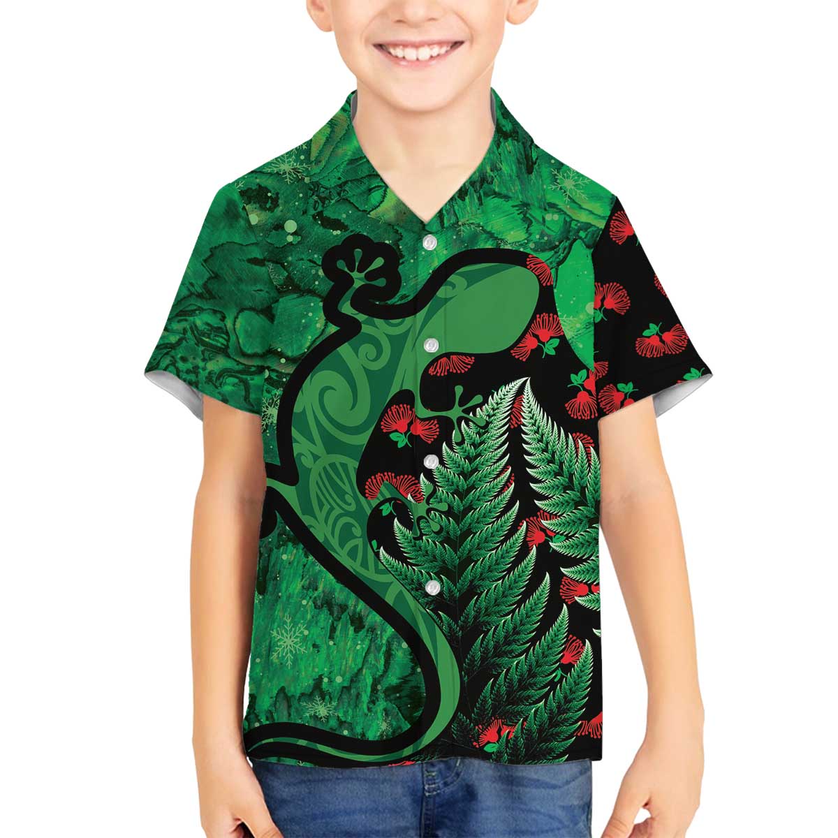 New Zealand Gecko Christmas Family Matching Off Shoulder Short Dress and Hawaiian Shirt Meri Kirihimete Paua Shell Mix Pohutukawa LT14 Son's Shirt Green - Polynesian Pride