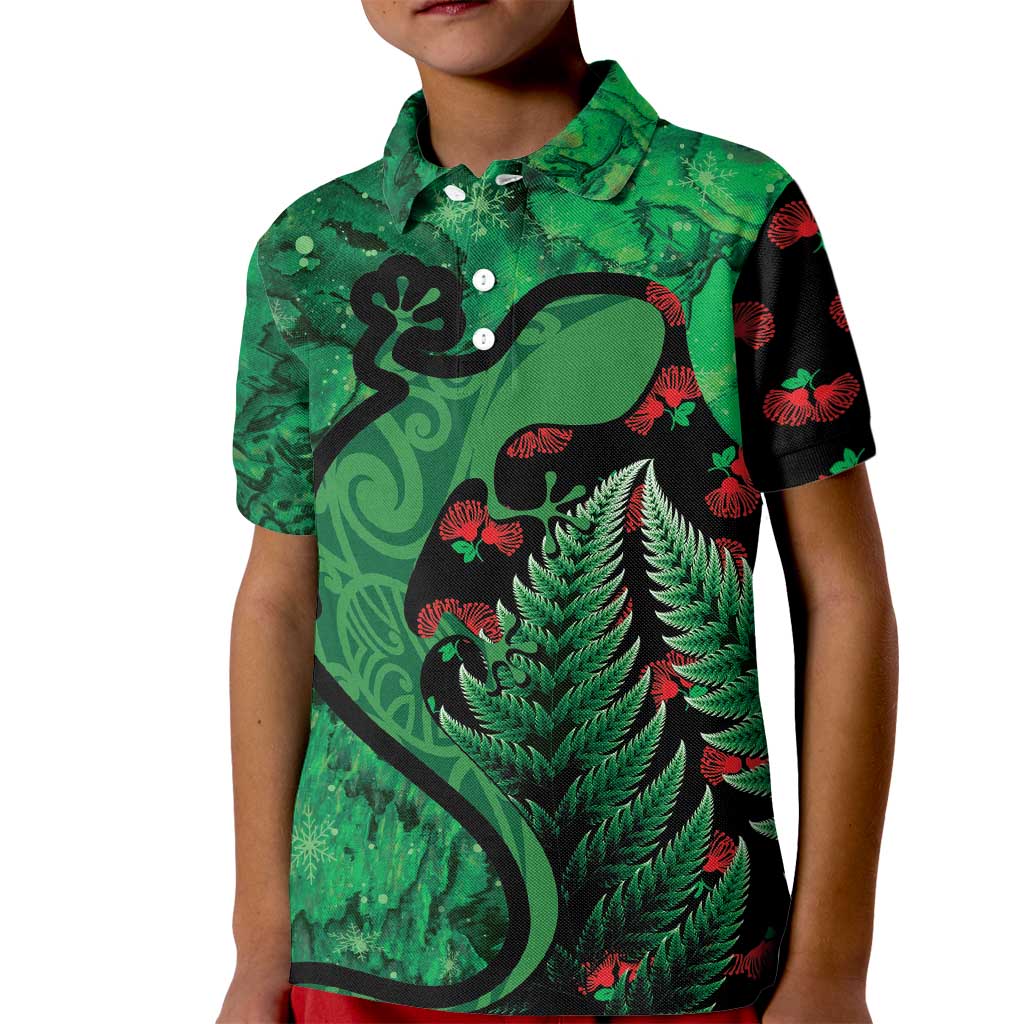 New Zealand Gecko Christmas Kid Polo Shirt Meri Kirihimete Paua Shell Mix Pohutukawa LT14 Kid Green - Polynesian Pride