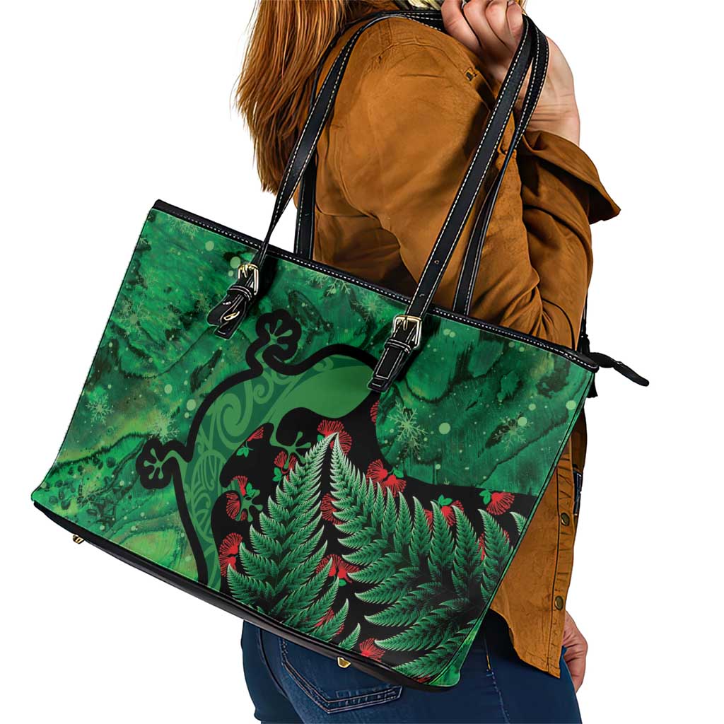 New Zealand Gecko Christmas Leather Tote Bag Meri Kirihimete Paua Shell Mix Pohutukawa LT14 - Polynesian Pride
