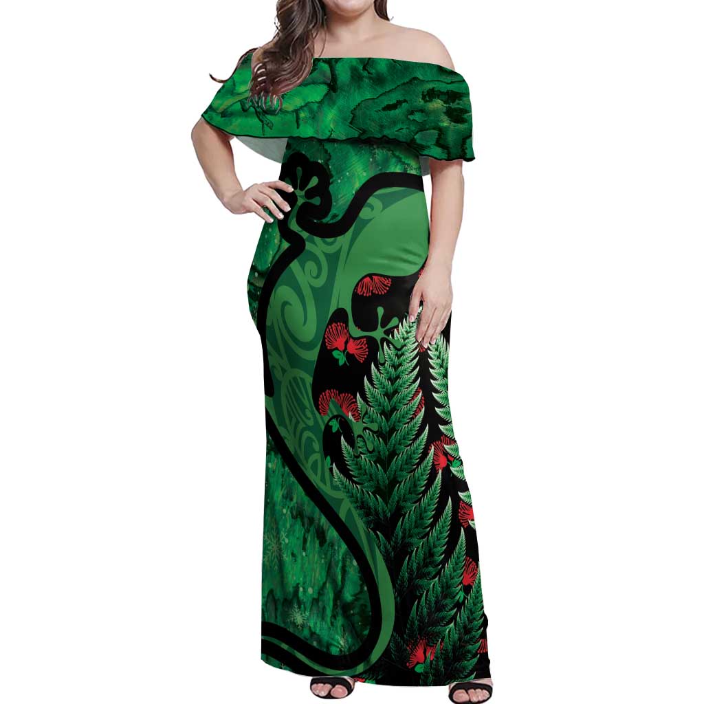 New Zealand Gecko Christmas Off Shoulder Maxi Dress Meri Kirihimete Paua Shell Mix Pohutukawa