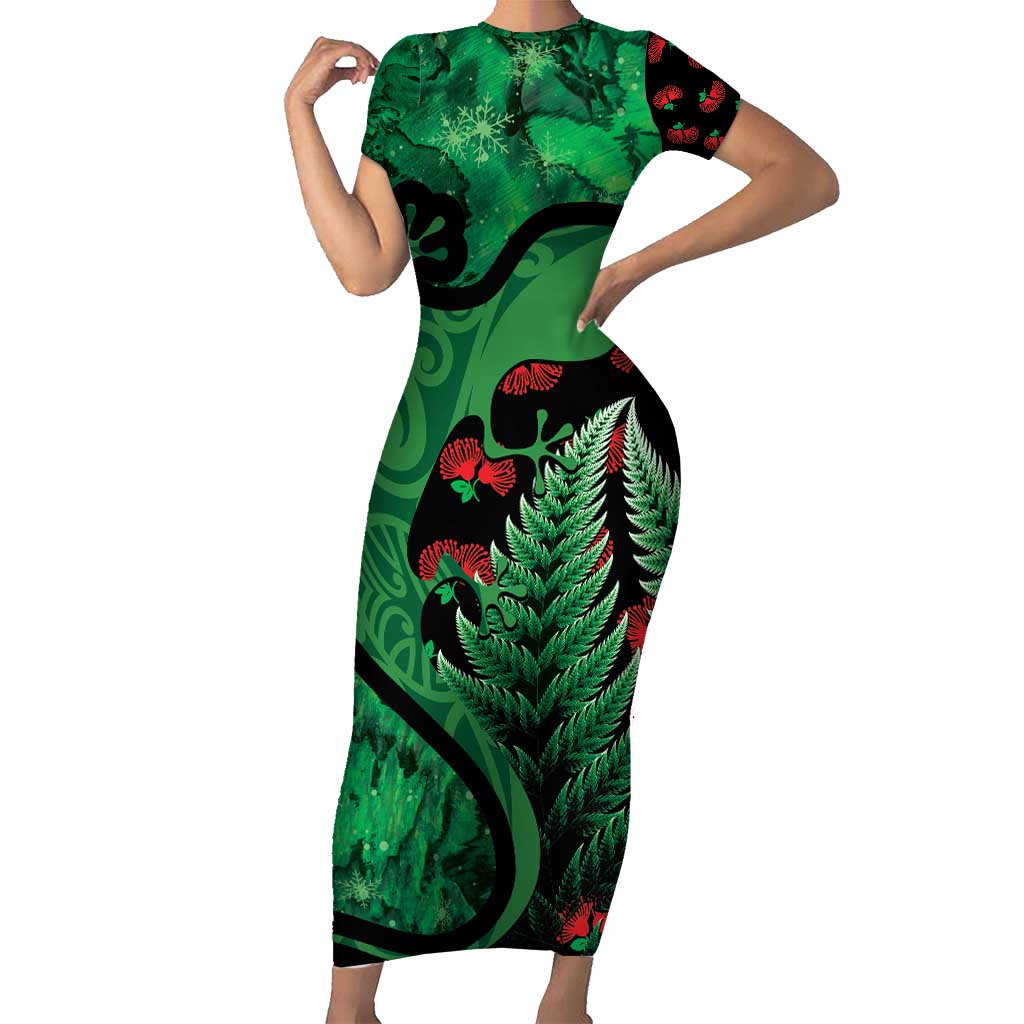 New Zealand Gecko Christmas Short Sleeve Bodycon Dress Meri Kirihimete Paua Shell Mix Pohutukawa