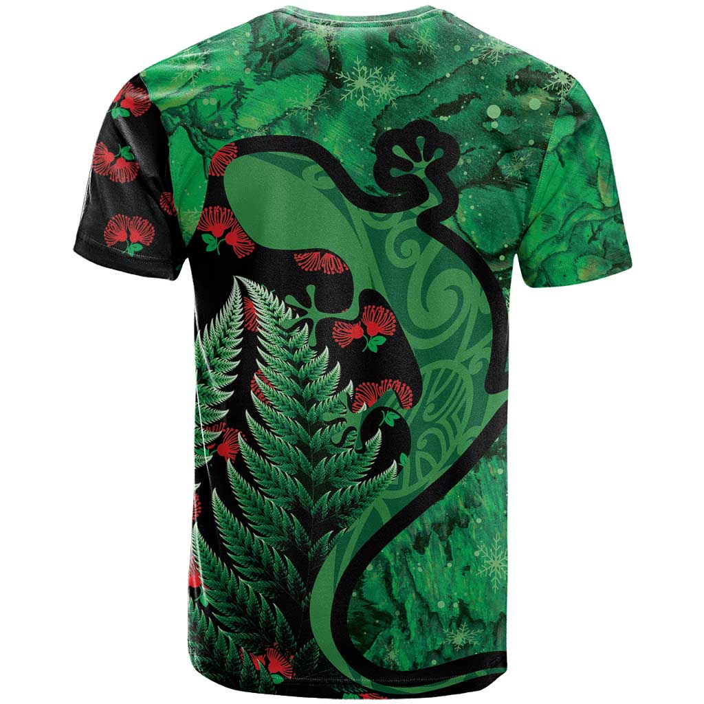 New Zealand Gecko Christmas T Shirt Meri Kirihimete Paua Shell Mix Pohutukawa LT14 - Polynesian Pride