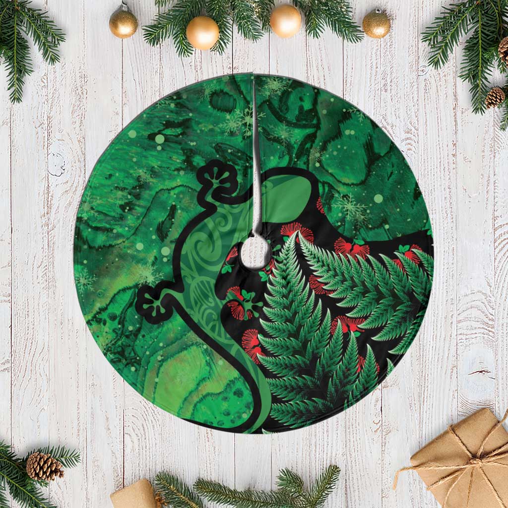 New Zealand Gecko Christmas Tree Skirt Meri Kirihimete Paua Shell Mix Pohutukawa LT14 Casual Green - Polynesian Pride