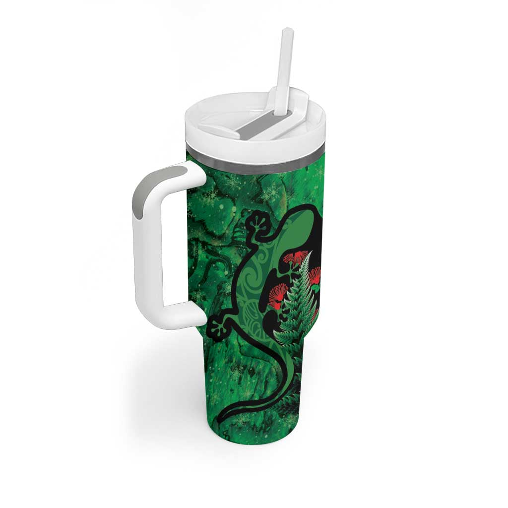 New Zealand Gecko Christmas Tumbler With Handle Meri Kirihimete Paua Shell Mix Pohutukawa LT14 - Polynesian Pride