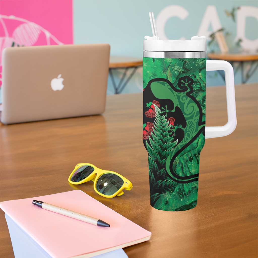 New Zealand Gecko Christmas Tumbler With Handle Meri Kirihimete Paua Shell Mix Pohutukawa LT14 - Polynesian Pride