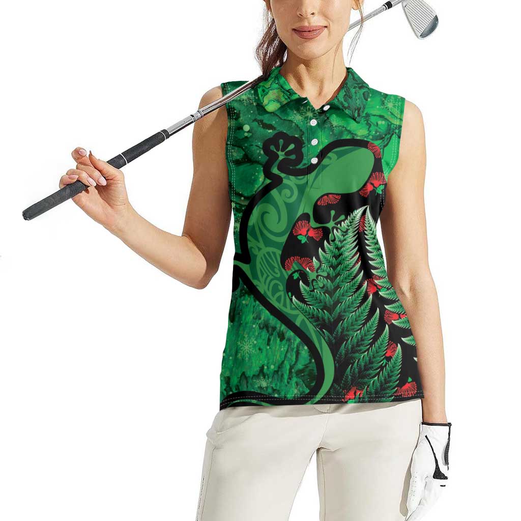 New Zealand Gecko Christmas Women Sleeveless Polo Shirt Meri Kirihimete Paua Shell Mix Pohutukawa LT14 - Polynesian Pride