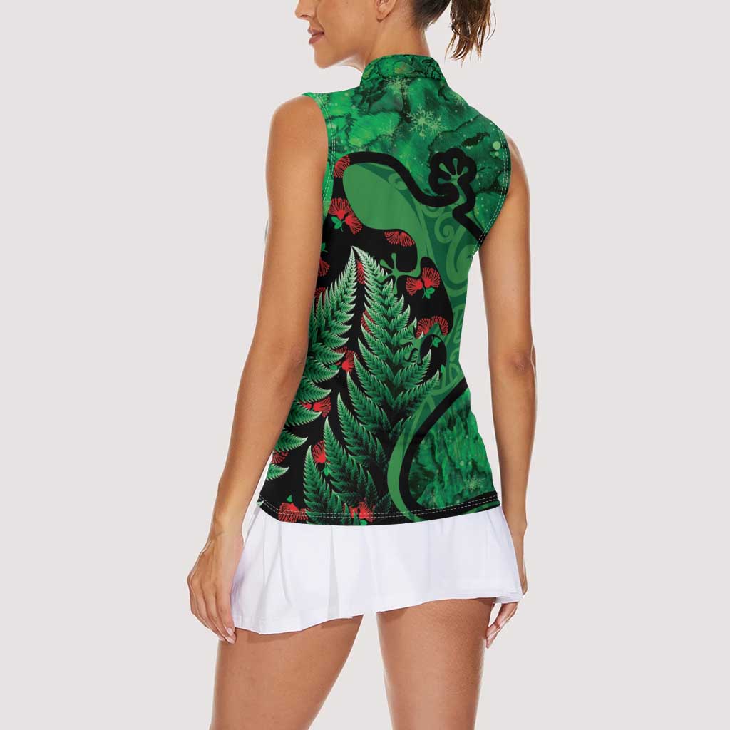 New Zealand Gecko Christmas Women Sleeveless Polo Shirt Meri Kirihimete Paua Shell Mix Pohutukawa LT14 - Polynesian Pride