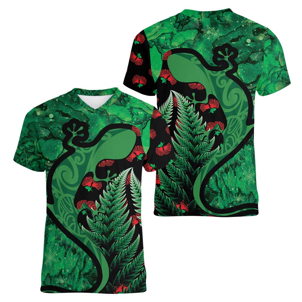 New Zealand Gecko Christmas Women V-Neck T-Shirt Meri Kirihimete Paua Shell Mix Pohutukawa LT14 - Polynesian Pride