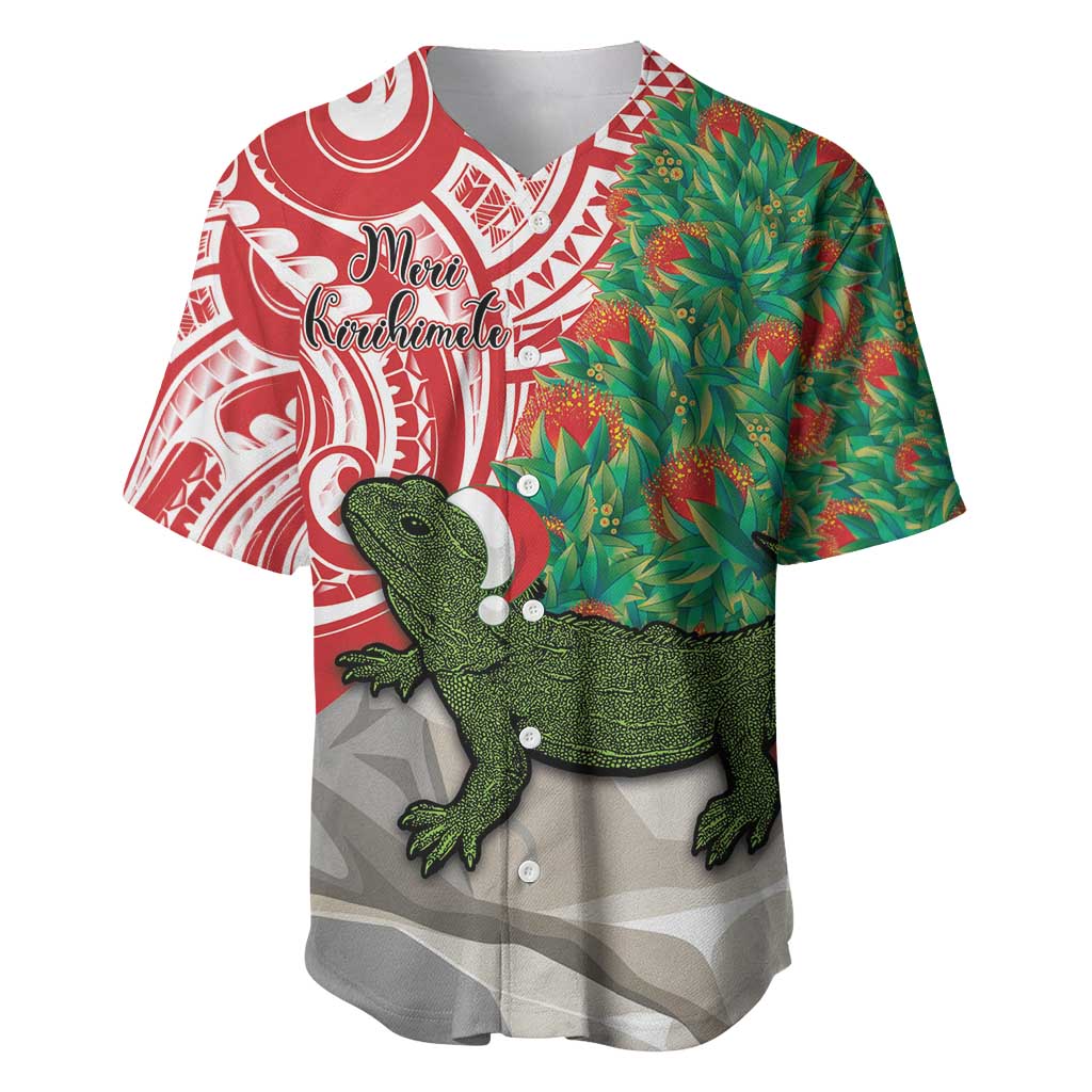 Personalised New Zealand Tuatara Christmas Baseball Jersey Meri Kirihimete Aotearoa Maori Mix Pohutukawa