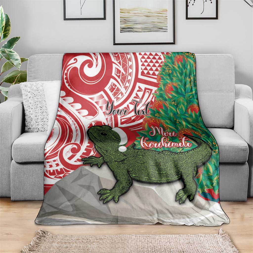 Personalised New Zealand Tuatara Christmas Blanket Meri Kirihimete Aotearoa Maori Mix Pohutukawa