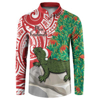 Personalised New Zealand Tuatara Christmas Button Sweatshirt Meri Kirihimete Aotearoa Maori Mix Pohutukawa LT14 Red - Polynesian Pride