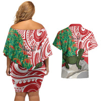 Personalised New Zealand Tuatara Christmas Couples Matching Off Shoulder Short Dress and Hawaiian Shirt Meri Kirihimete Aotearoa Maori Mix Pohutukawa LT14 - Polynesian Pride