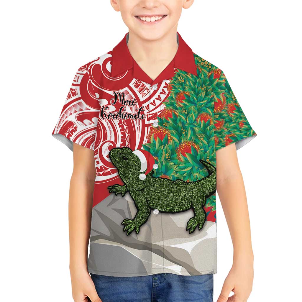 Personalised New Zealand Tuatara Christmas Family Matching Off Shoulder Maxi Dress and Hawaiian Shirt Meri Kirihimete Aotearoa Maori Mix Pohutukawa LT14 Son's Shirt Red - Polynesian Pride