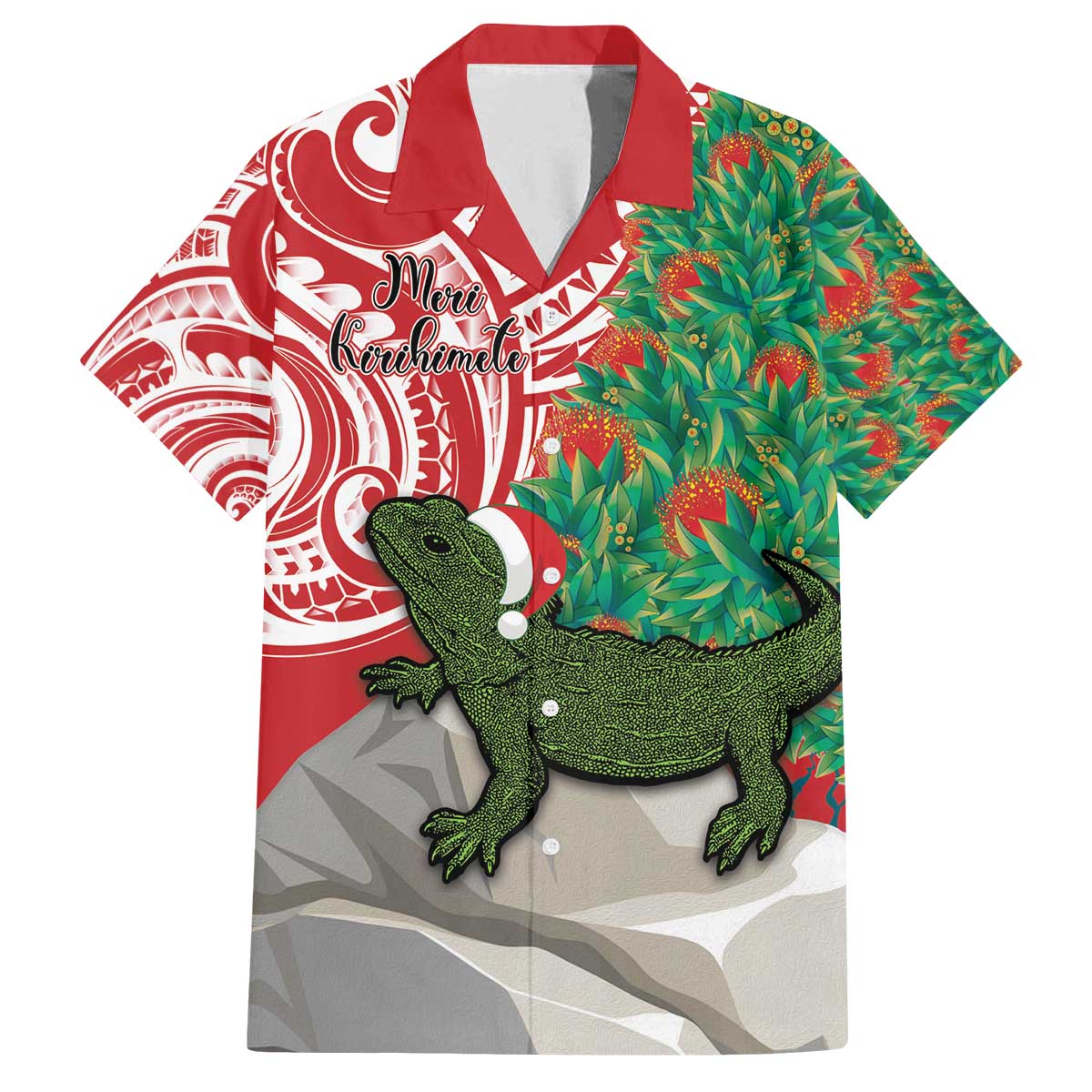 Personalised New Zealand Tuatara Christmas Family Matching Off Shoulder Short Dress and Hawaiian Shirt Meri Kirihimete Aotearoa Maori Mix Pohutukawa LT14 Dad's Shirt - Short Sleeve Red - Polynesian Pride