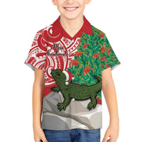 Personalised New Zealand Tuatara Christmas Family Matching Off Shoulder Short Dress and Hawaiian Shirt Meri Kirihimete Aotearoa Maori Mix Pohutukawa LT14 Son's Shirt Red - Polynesian Pride