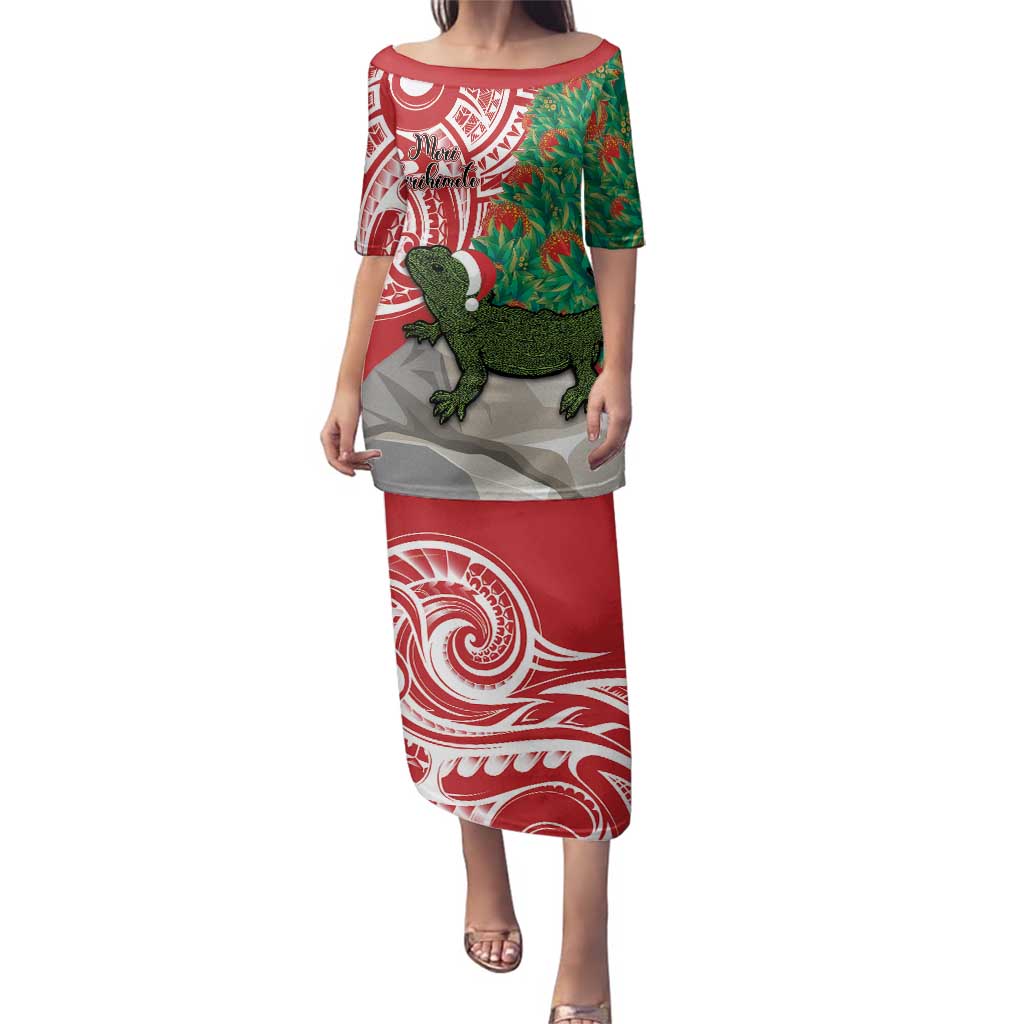 Personalised New Zealand Tuatara Christmas Family Matching Puletasi and Hawaiian Shirt Meri Kirihimete Aotearoa Maori Mix Pohutukawa