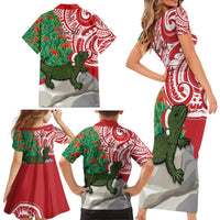 Personalised New Zealand Tuatara Christmas Family Matching Short Sleeve Bodycon Dress and Hawaiian Shirt Meri Kirihimete Aotearoa Maori Mix Pohutukawa