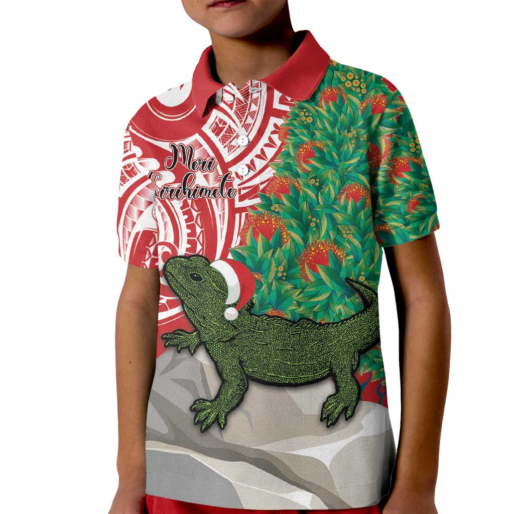 Personalised New Zealand Tuatara Christmas Kid Polo Shirt Meri Kirihimete Aotearoa Maori Mix Pohutukawa LT14 Kid Red - Polynesian Pride