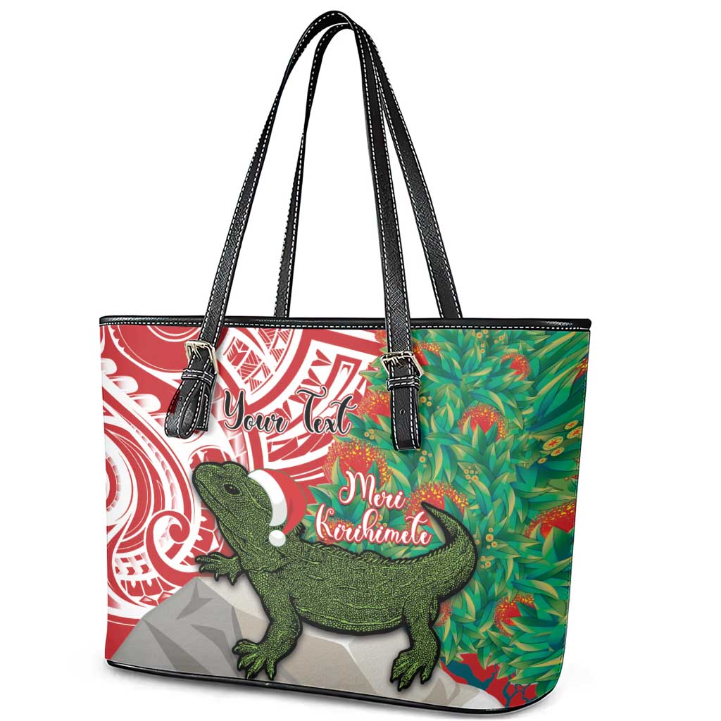 Personalised New Zealand Tuatara Christmas Leather Tote Bag Meri Kirihimete Aotearoa Maori Mix Pohutukawa LT14 - Polynesian Pride
