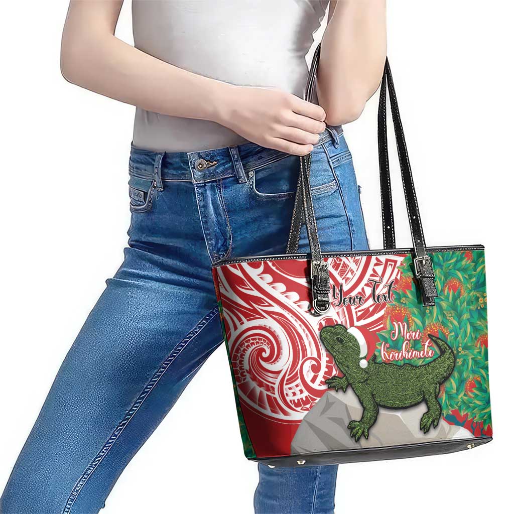 Personalised New Zealand Tuatara Christmas Leather Tote Bag Meri Kirihimete Aotearoa Maori Mix Pohutukawa LT14 - Polynesian Pride