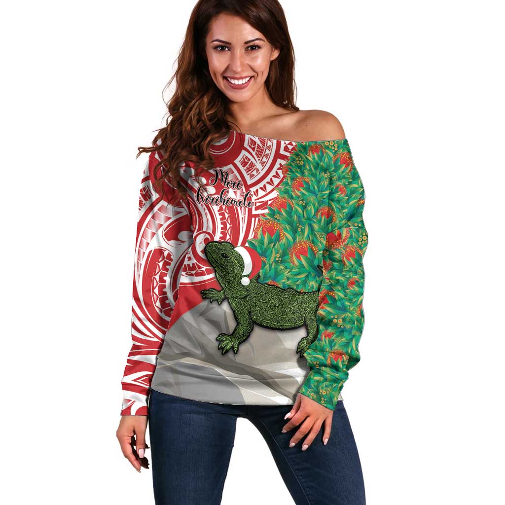 Personalised New Zealand Tuatara Christmas Off Shoulder Sweater Meri Kirihimete Aotearoa Maori Mix Pohutukawa