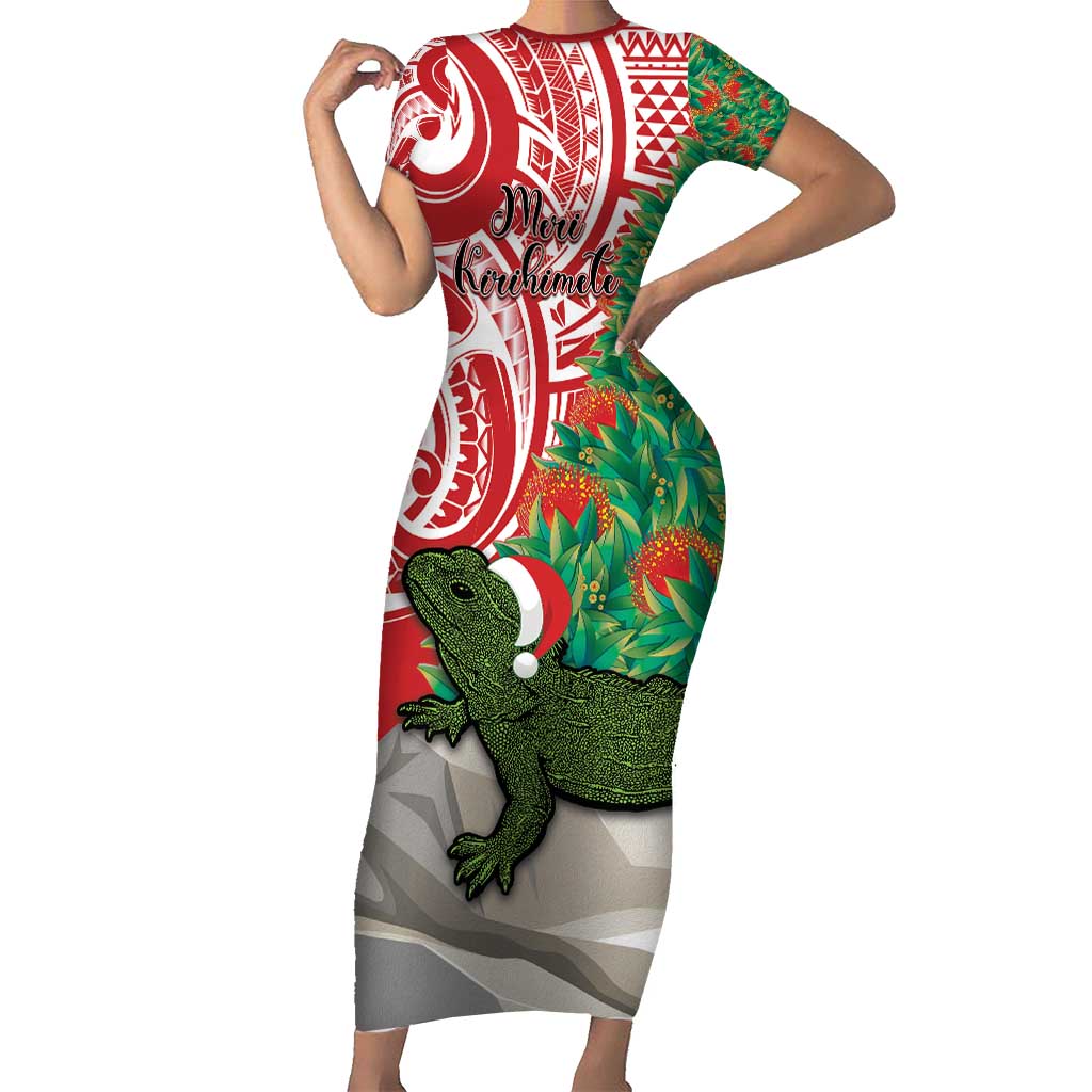 Personalised New Zealand Tuatara Christmas Short Sleeve Bodycon Dress Meri Kirihimete Aotearoa Maori Mix Pohutukawa LT14 Long Dress Red - Polynesian Pride