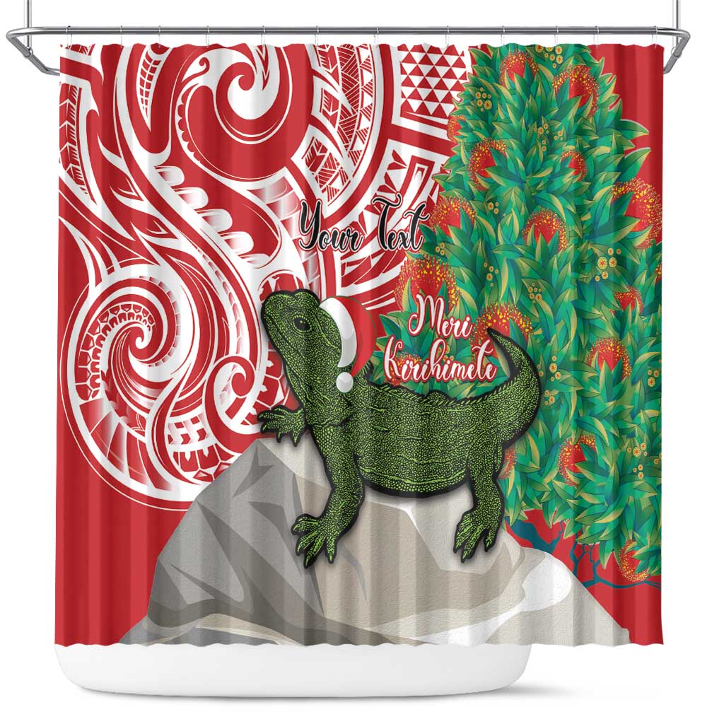 Personalised New Zealand Tuatara Christmas Shower Curtain Meri Kirihimete Aotearoa Maori Mix Pohutukawa