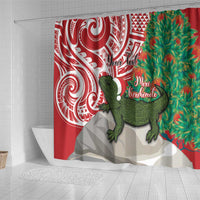 Personalised New Zealand Tuatara Christmas Shower Curtain Meri Kirihimete Aotearoa Maori Mix Pohutukawa LT14 - Polynesian Pride