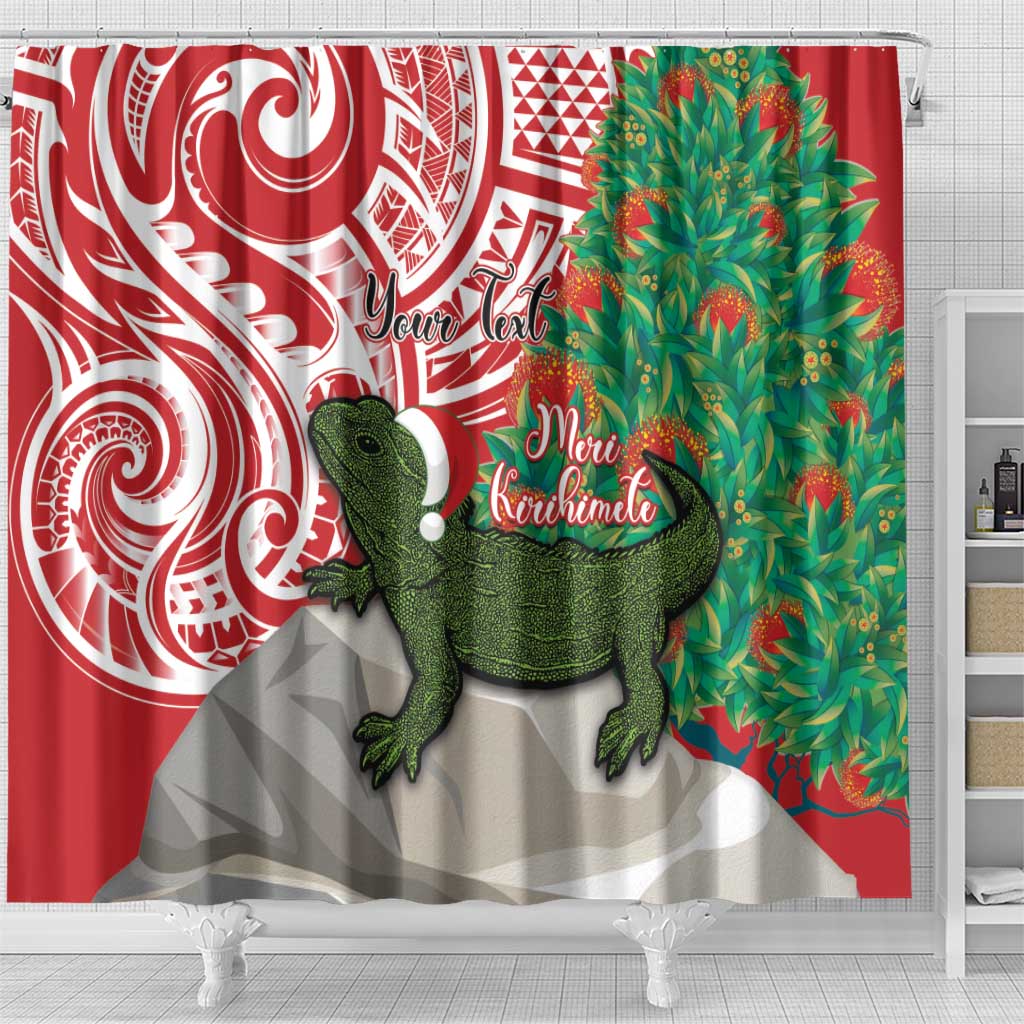 Personalised New Zealand Tuatara Christmas Shower Curtain Meri Kirihimete Aotearoa Maori Mix Pohutukawa LT14 - Polynesian Pride