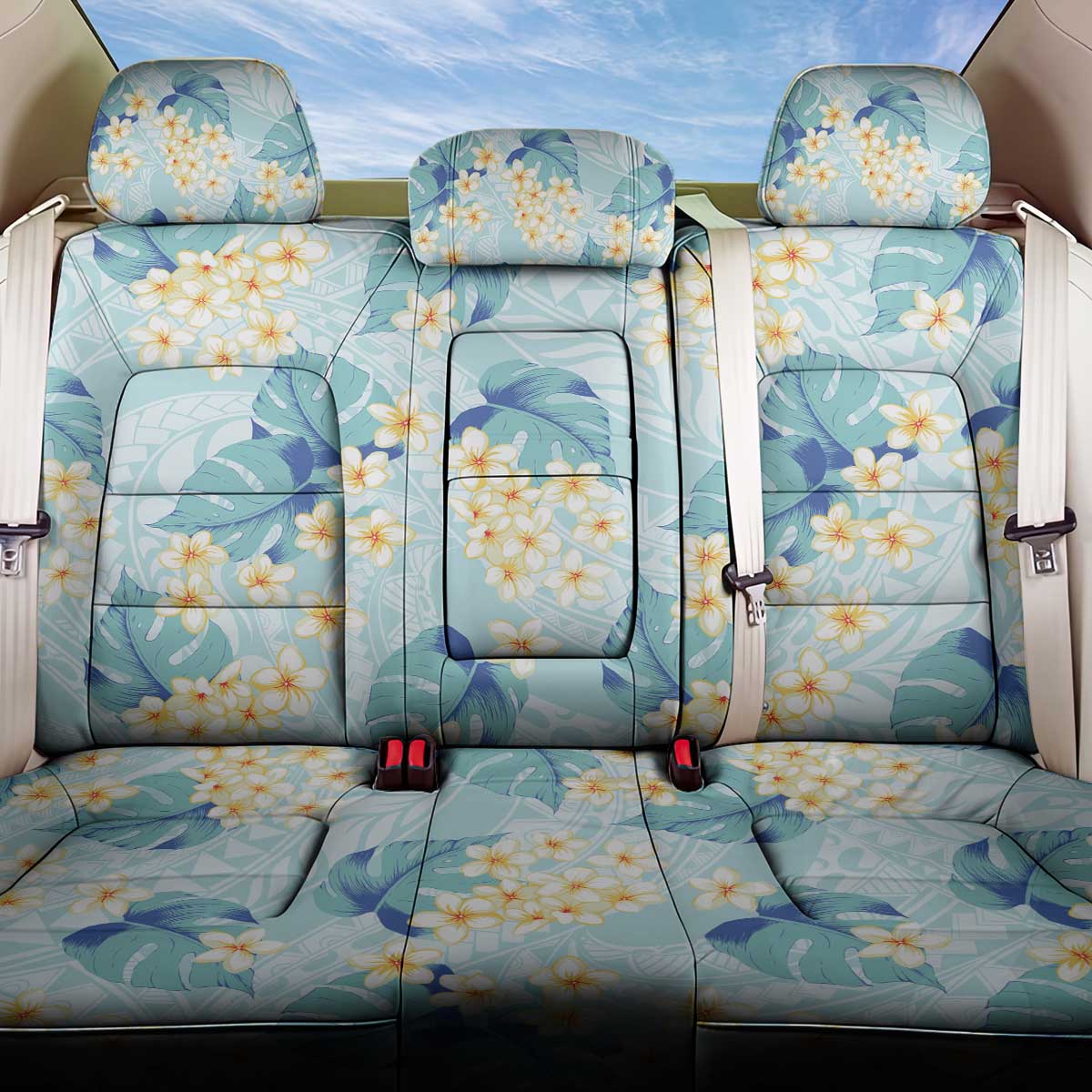 Pastel Cyan Tropical Hawaii Back Car Seat Cover Seamless Monstera Plumeria Hawaiian Pattern LT14 One Size Pastel Cyan - Polynesian Pride