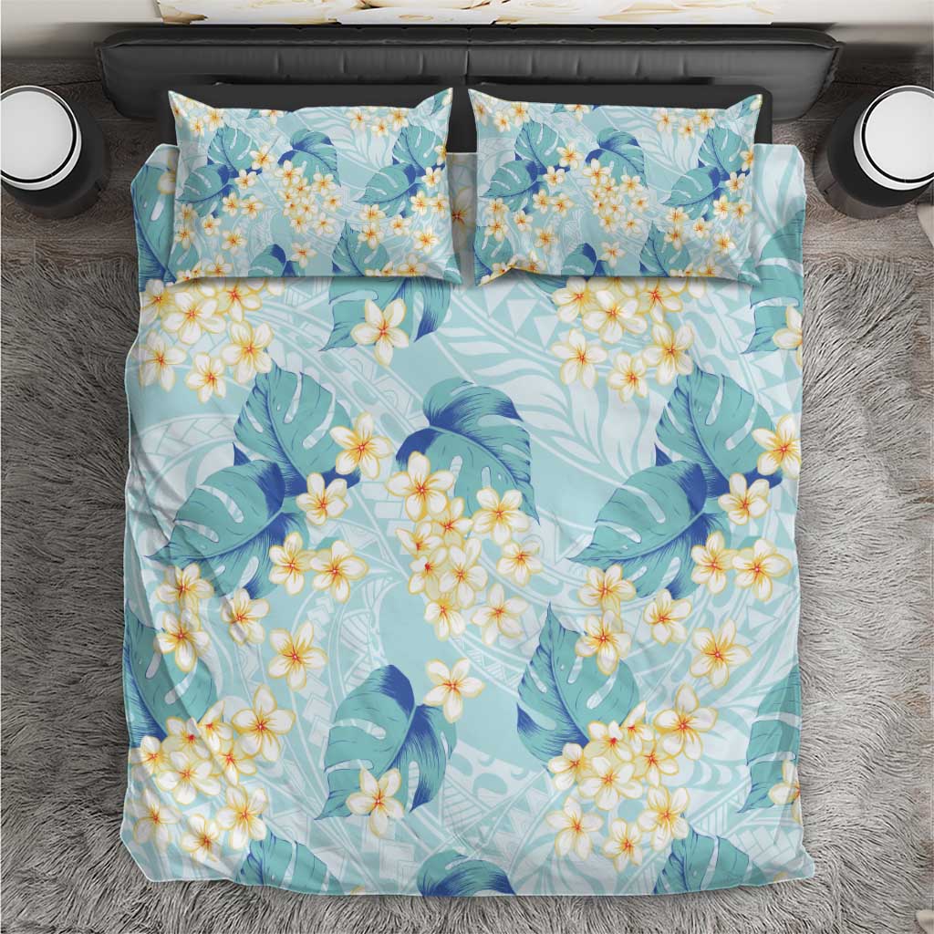 Pastel Cyan Tropical Hawaii Bedding Set Seamless Monstera Plumeria Hawaiian Pattern - Polynesian Pride