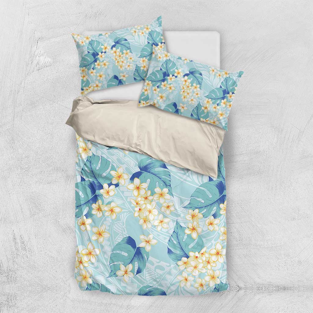 Pastel Cyan Tropical Hawaii Bedding Set Seamless Monstera Plumeria Hawaiian Pattern - Polynesian Pride
