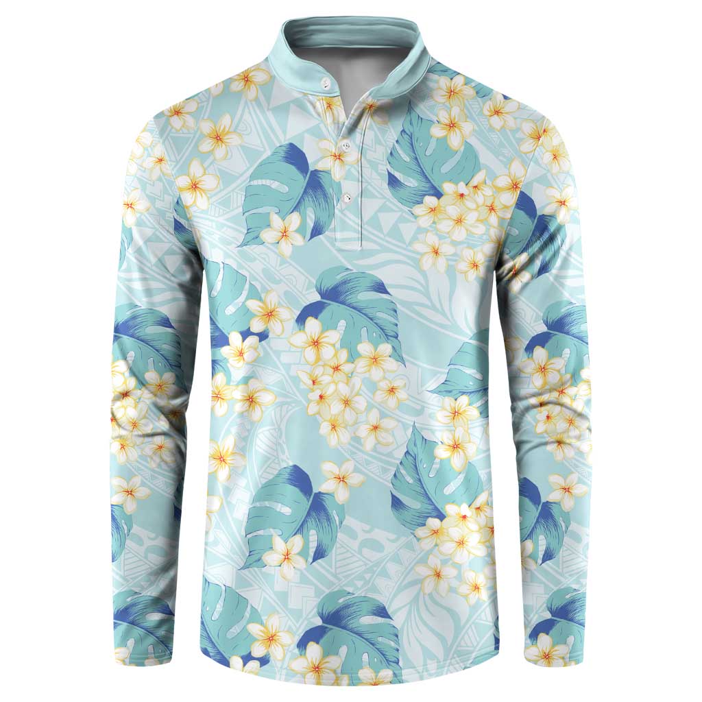 Pastel Cyan Tropical Hawaii Button Sweatshirt Seamless Monstera Plumeria Hawaiian Pattern LT14 Pastel Cyan - Polynesian Pride