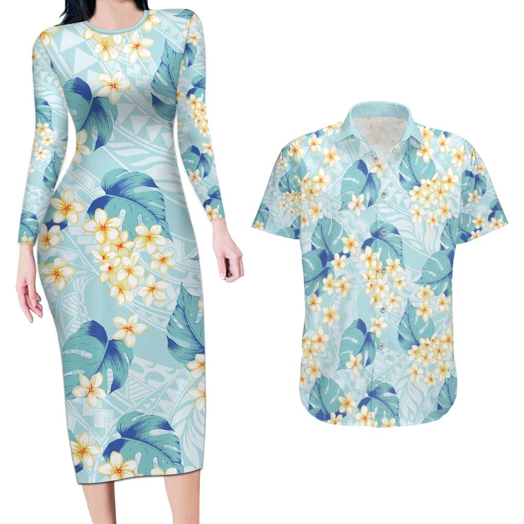 Pastel Cyan Tropical Hawaii Couples Matching Long Sleeve Bodycon Dress and Hawaiian Shirt Seamless Monstera Plumeria Hawaiian Pattern - Polynesian Pride