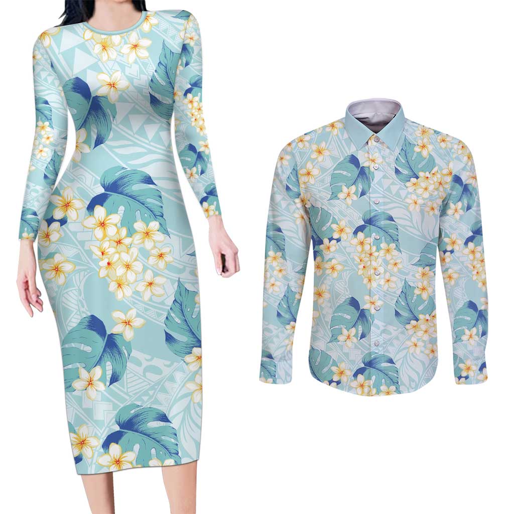 Pastel Cyan Tropical Hawaii Couples Matching Long Sleeve Bodycon Dress and Long Sleeve Button Shirt Seamless Monstera Plumeria Hawaiian Pattern - Polynesian Pride