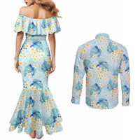 Pastel Cyan Tropical Hawaii Couples Matching Mermaid Dress and Long Sleeve Button Shirt Seamless Monstera Plumeria Hawaiian Pattern - Polynesian Pride